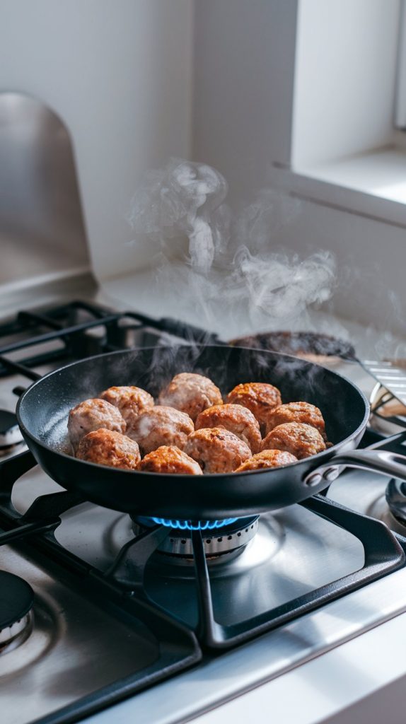 A skillet with meatballs sizzling and browning