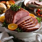 Sliced glazed ham garnished with fresh parsley and orange slices