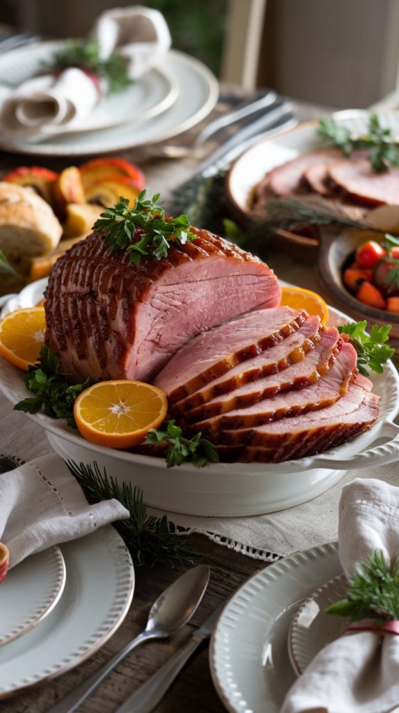 Sliced glazed ham garnished with fresh parsley and orange slices