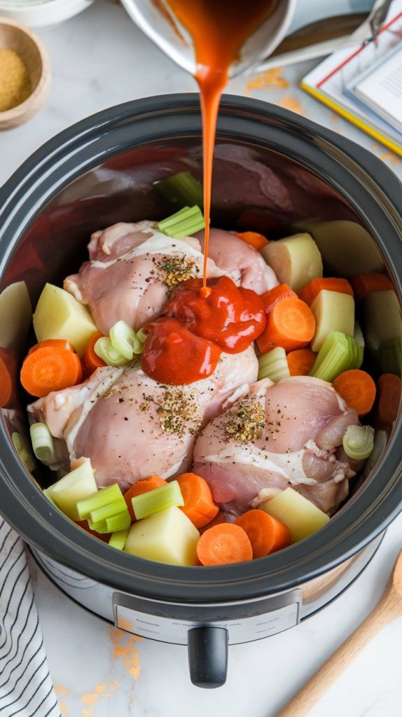 A slow cooker bowl filled with raw chicken thighs, chunks of potatoes, carrots, celery, and onion