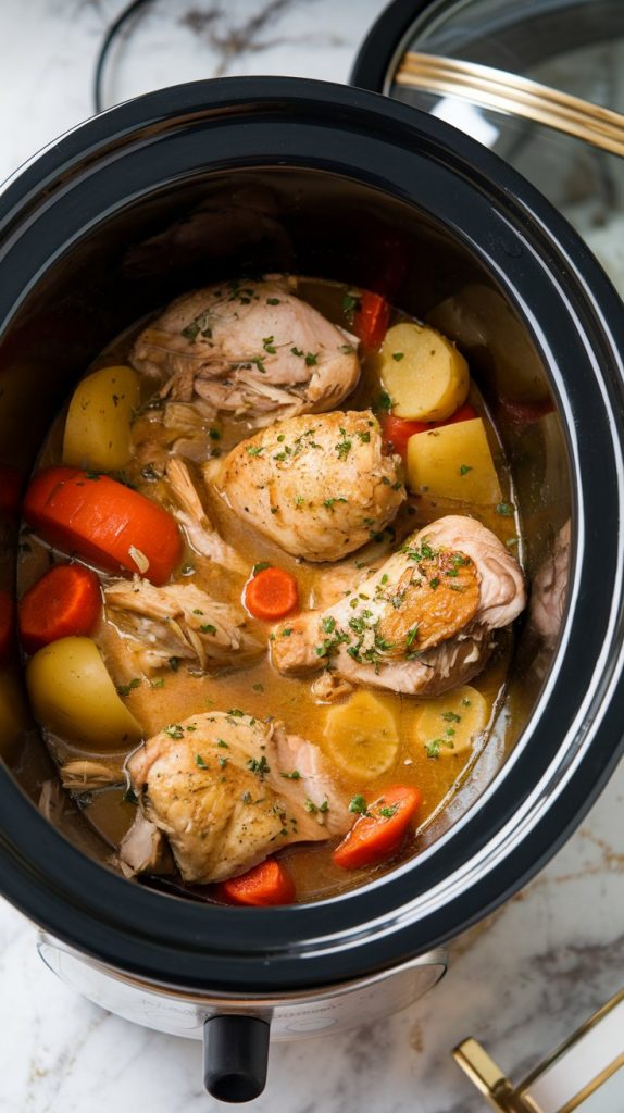 A slow cooker filled with bubbling chicken stew, showing tender chicken and softened vegetables in a rich broth