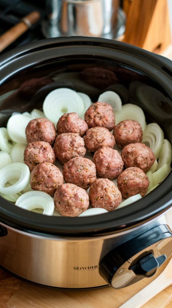 a slow cooker filled with a layer of sliced onions and uncooked meatballs