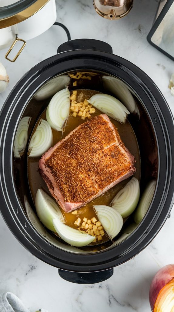 A slow cooker filled with a seasoned pork shoulder surrounded by onion wedges