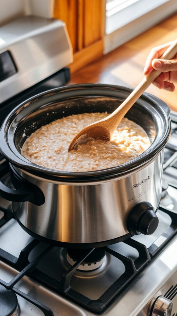 the slow cooker filled with bubbling, creamy oatmeal mid-cook