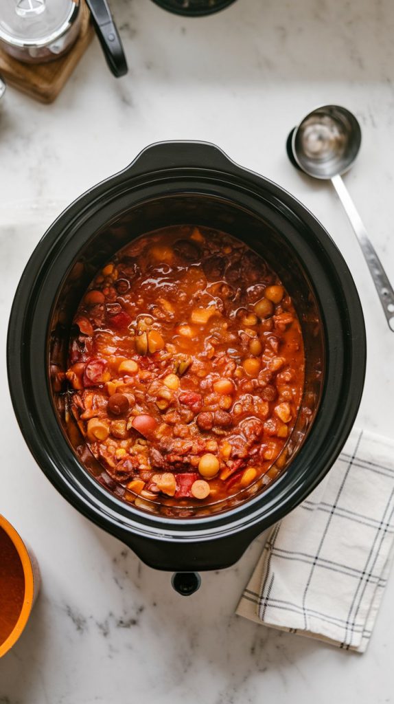 A slow cooker filled with bubbling chili, showing tender vegetables and rich