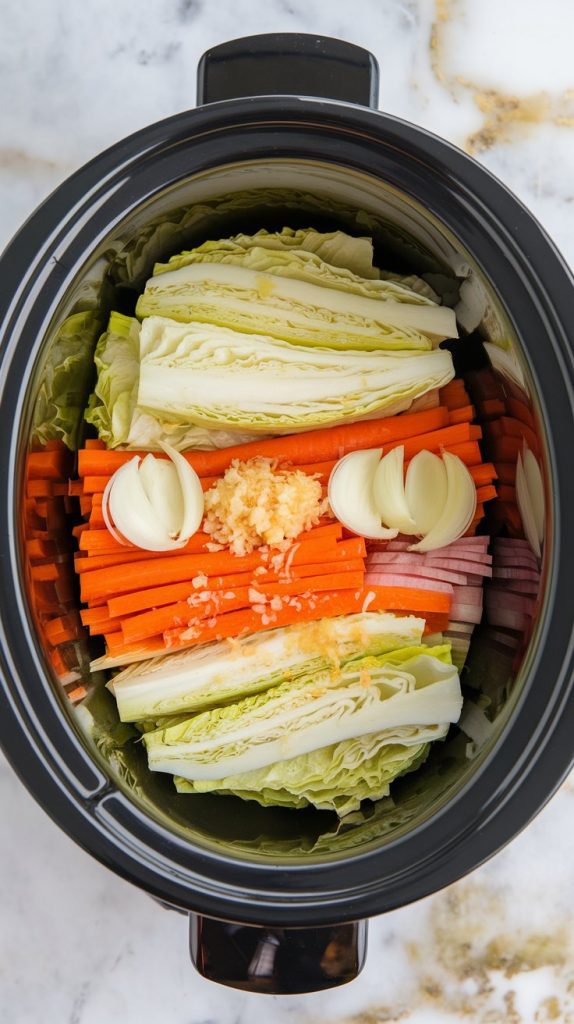 A slow cooker filled with layers of thinly sliced cabbage, bright orange carrots, sliced onions, minced garlic, and grated ginger