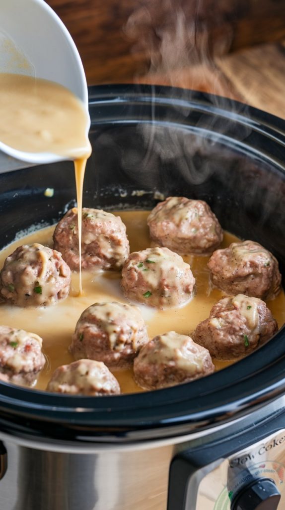 A small bowl of cornstarch slurry being poured into the slow cooker filled with meatballs and gravy