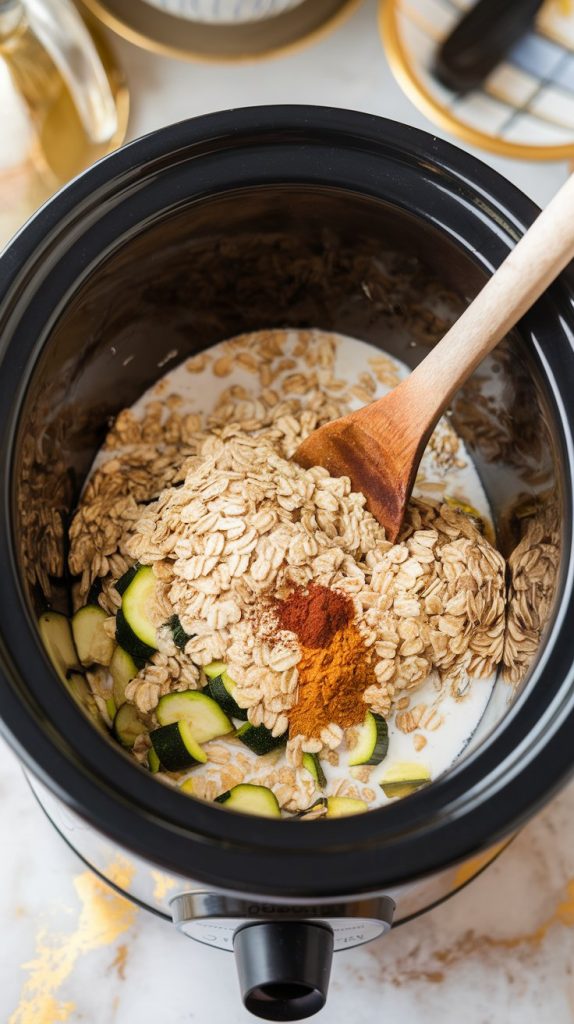 A slow cooker filled with oats, grated zucchini, almond milk, honey, vanilla, and spices