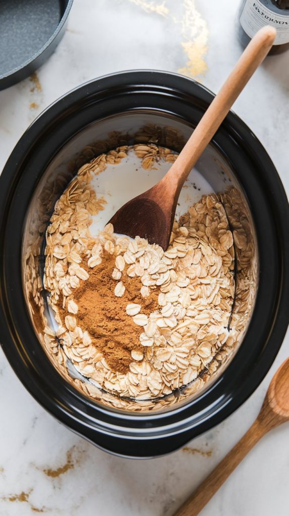 A slow cooker filled with oats, milk, brown sugar, cinnamon, and vanilla