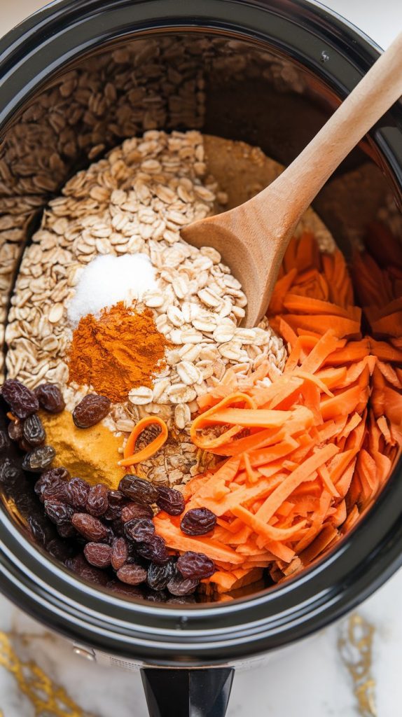 A slow cooker filled with raw ingredients for carrot cake oatmeal