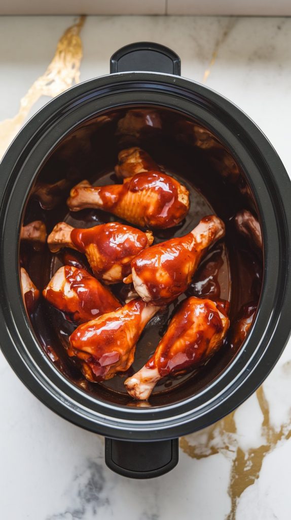 A slow cooker filled with raw chicken drumsticks coated in BBQ sauce