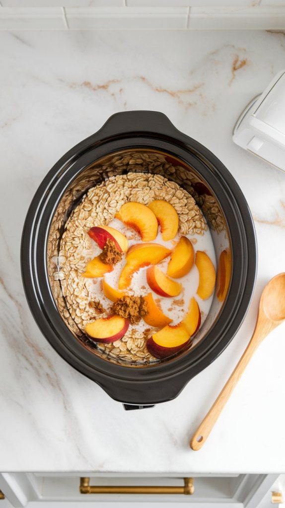 A slow cooker filled with rolled oats, fresh peach chunks, milk, brown sugar, and spices