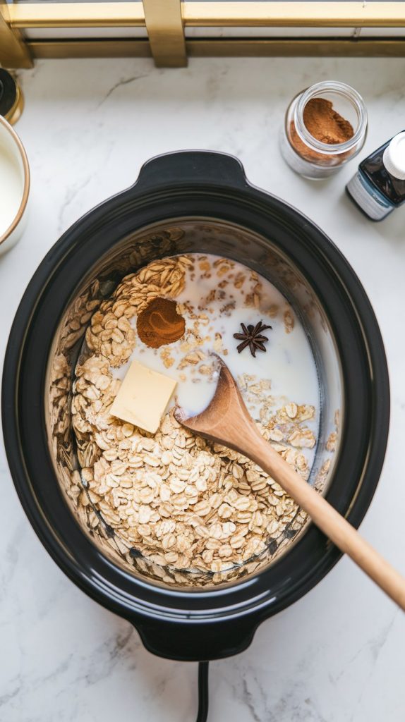 A slow cooker filled with steel-cut oats, milk, butter, and spices