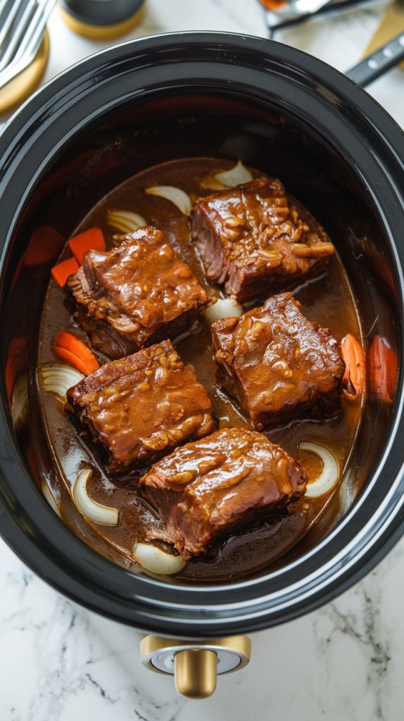 a slow cooker filled with tender, fully cooked beer-braised short ribs