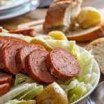 Finished slow cooker kielbasa with cabbage and potatoes