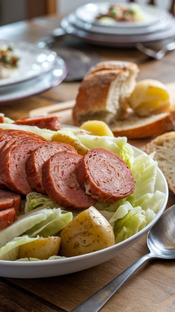 Finished slow cooker kielbasa with cabbage and potatoes