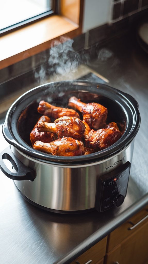 A slow cooker in action with steam rising, showing the BBQ-coated drumsticks cooking beautifully