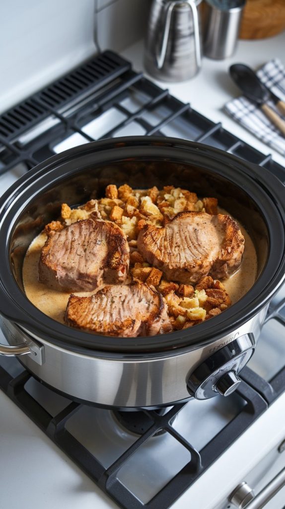 A slow cooker filled with layers of pork chops, stuffing, and creamy sauce