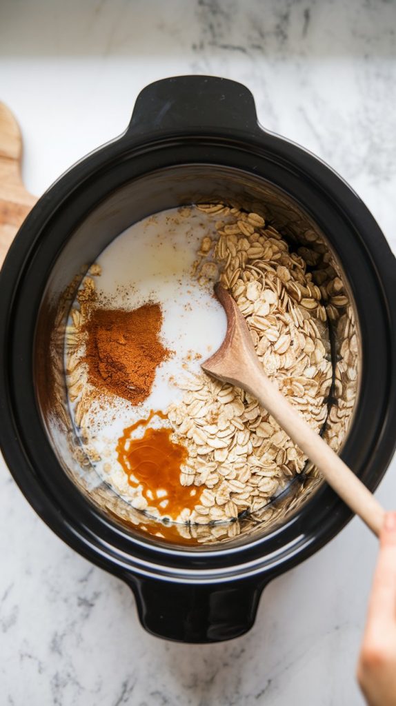 Steel-cut oats, water, milk, cinnamon, brown sugar, vanilla extract, and salt