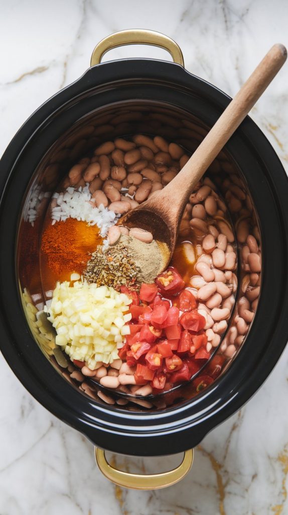 ingredients for pinto beans being added to a slow cooker