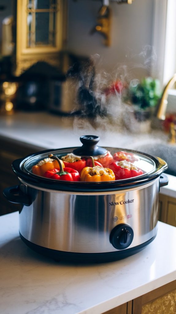 A slow cooker filled with stuffed bell peppers cooking, steam visible inside the glass lid