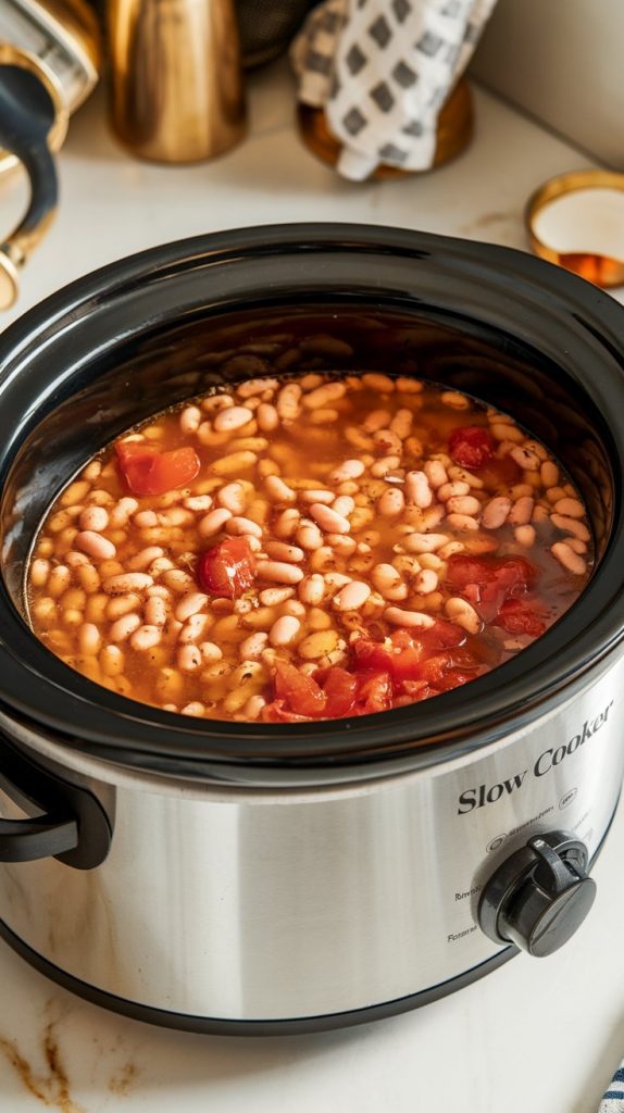 a slow cooker set to low with pinto beans and broth simmering inside