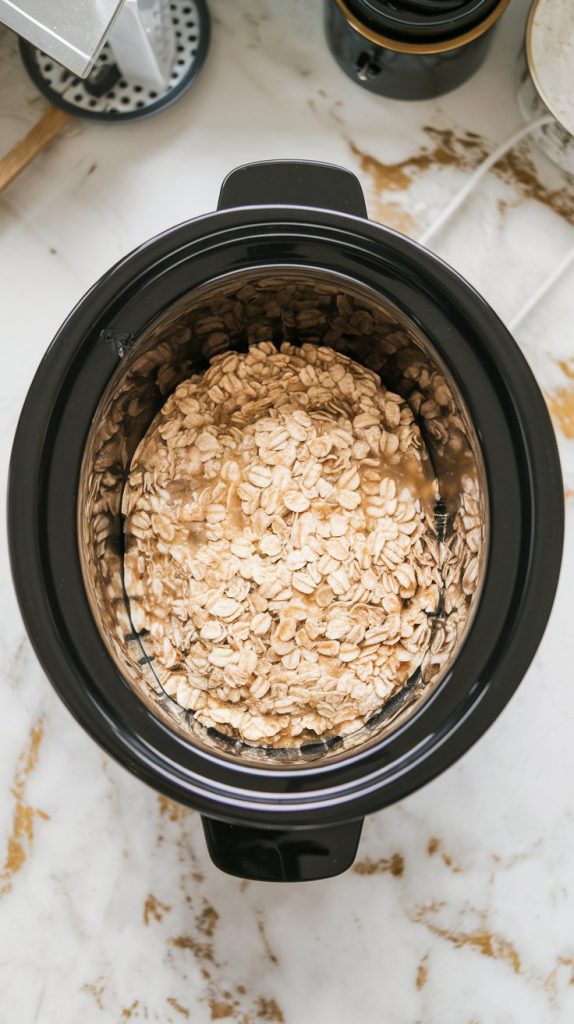 a slow cooker set to “Low” with the oatmeal mixture inside, ready to cook overnight