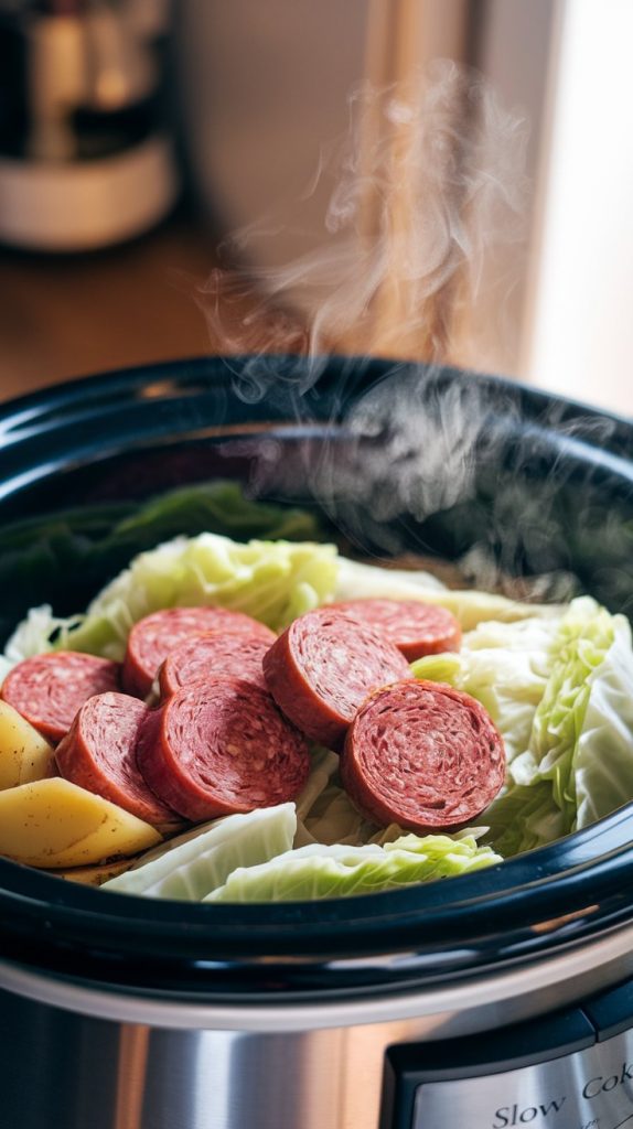 Slow cooker set to LOW with steam rising from the cooking kielbasa, cabbage, and potatoes