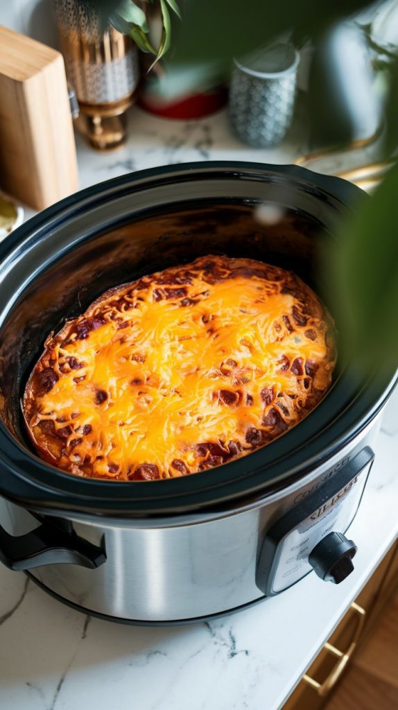 Slow cooker with melted cheddar cheese bubbling on top of the casserole