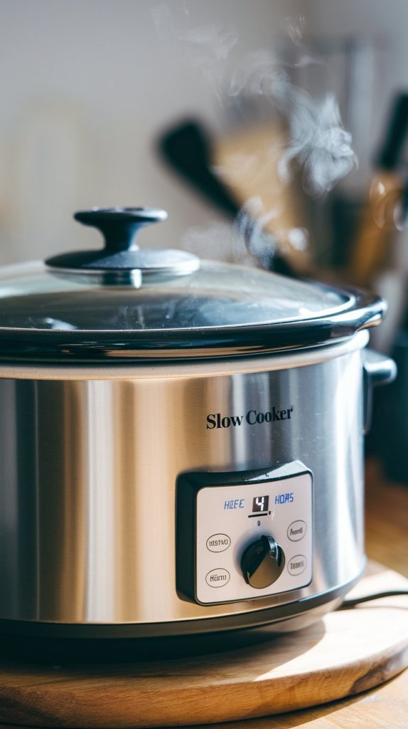 A slow cooker closed and steaming slightly