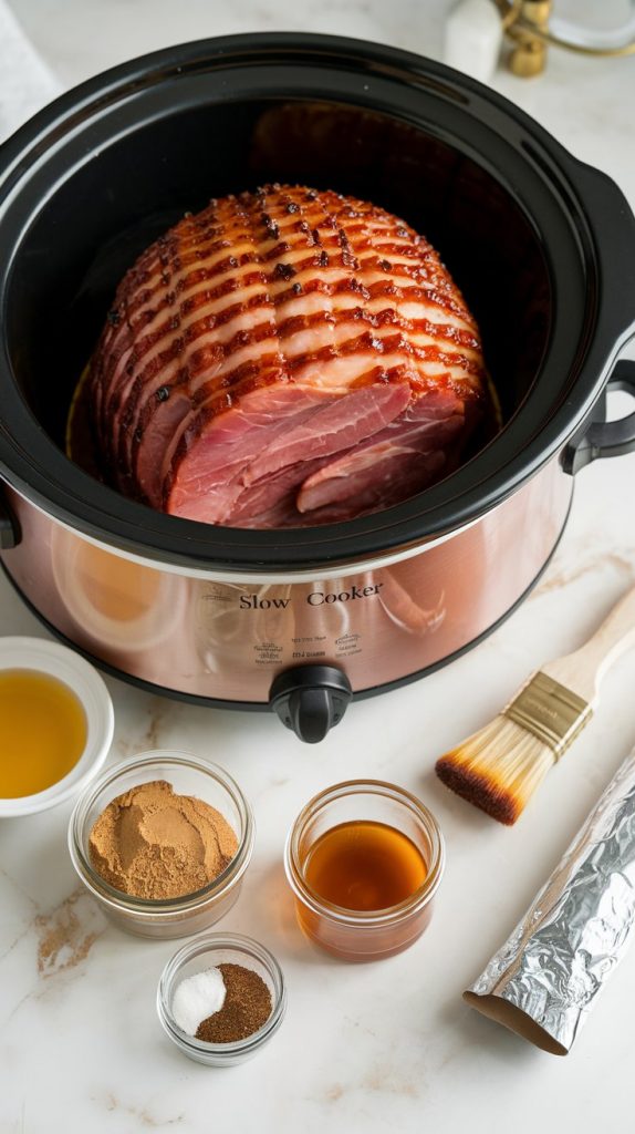 all the ingredients and tools needed for a copycat honey-baked ham