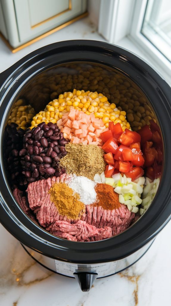 All ingredients for Mexican ground beef crockpot recipe