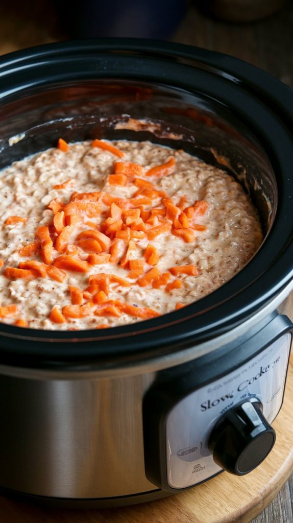 A slow cooker with bubbling carrot cake oatmeal mid-cook