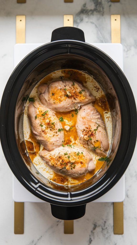 Chicken breasts arranged in a slow cooker with a creamy mixture of heavy cream, chicken broth, garlic, and spices poured on top