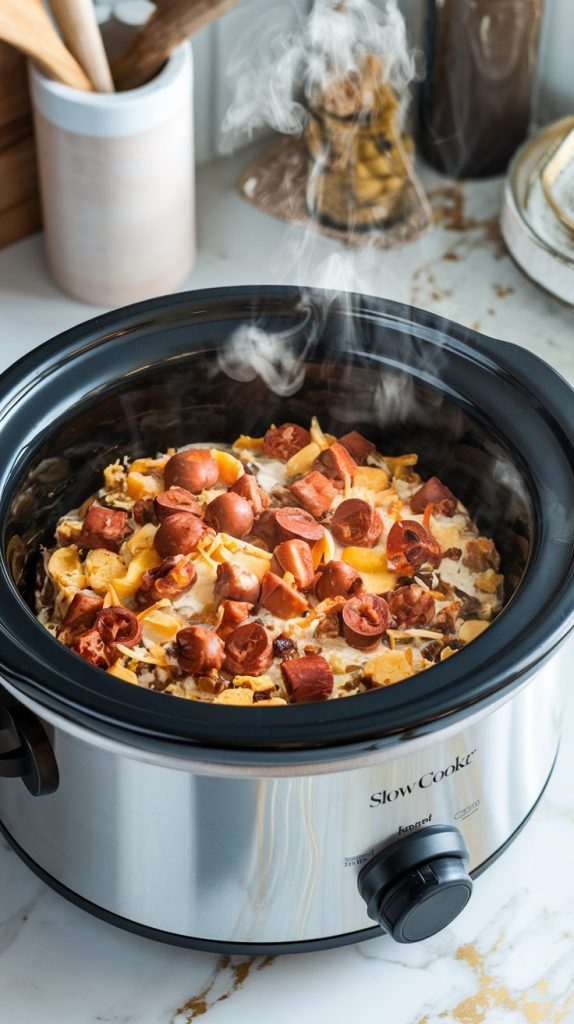 Slow cooker with cowboy casserole cooking, steam rising