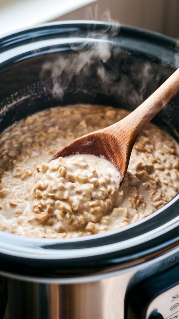 A close-up of a slow cooker with creamy oatmeal bubbling gently inside