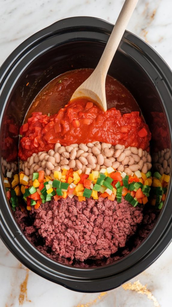 All ingredients layered in a slow cooker: browned beef, colorful diced veggies, beans, diced tomatoes