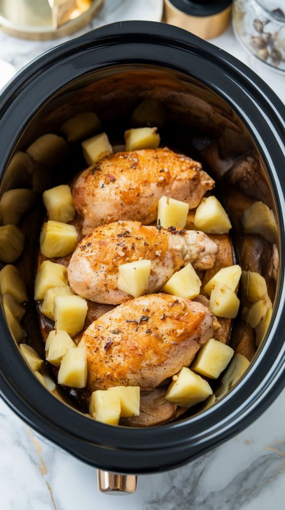 pineapple chunks spread over the seasoned chicken in the slow cooker