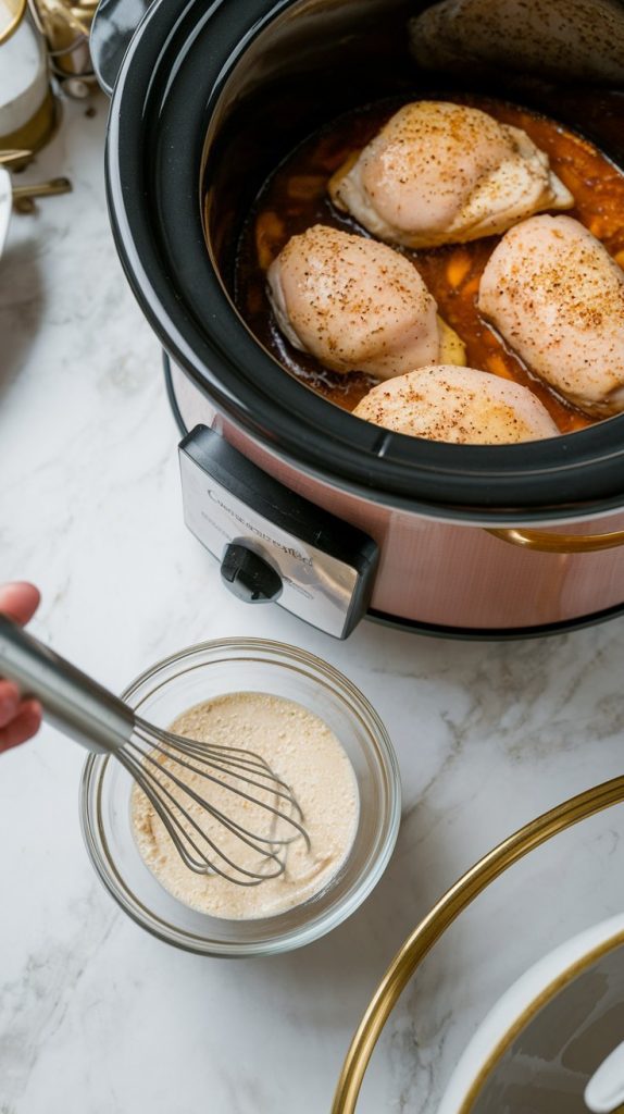 A small bowl with cornstarch slurry being whisked together next to a crockpot full of cooked lemon pepper chicken