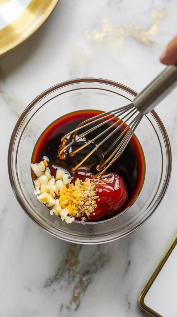 A small bowl with honey, soy sauce, ketchup, minced garlic, ginger, and pepper