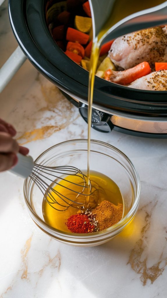 A small bowl of olive oil, apple cider vinegar, and spices being whisked together