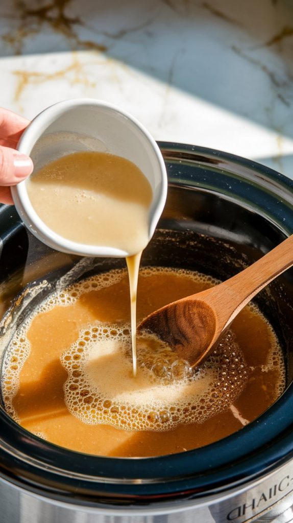 A small bowl of cornstarch slurry being poured into a bubbling crockpot of sauce