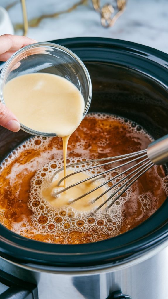 A small bowl of cornstarch slurry being poured into the bubbling liquid in a crockpot