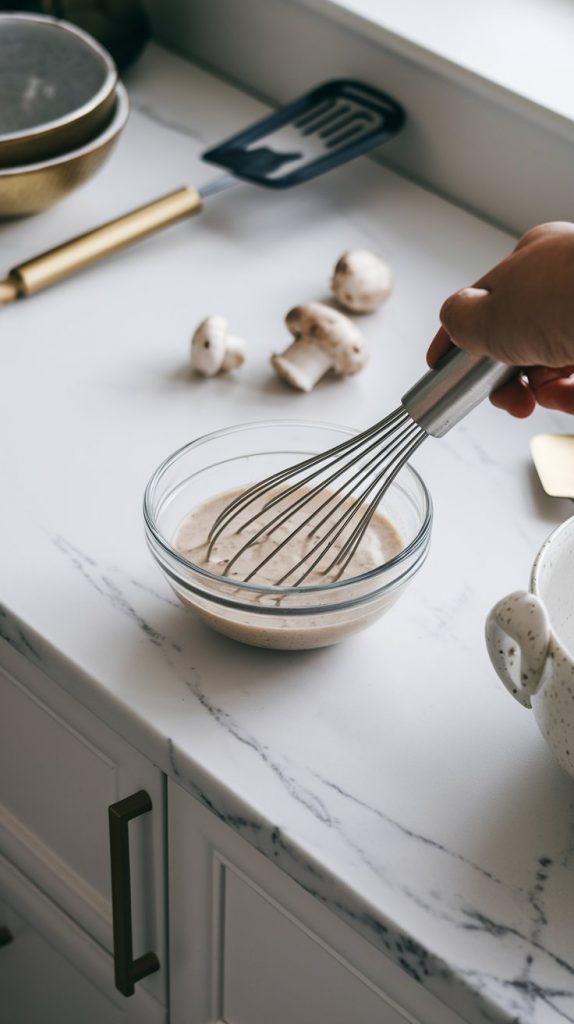 A small bowl with cream of mushroom soup and milk being whisked together