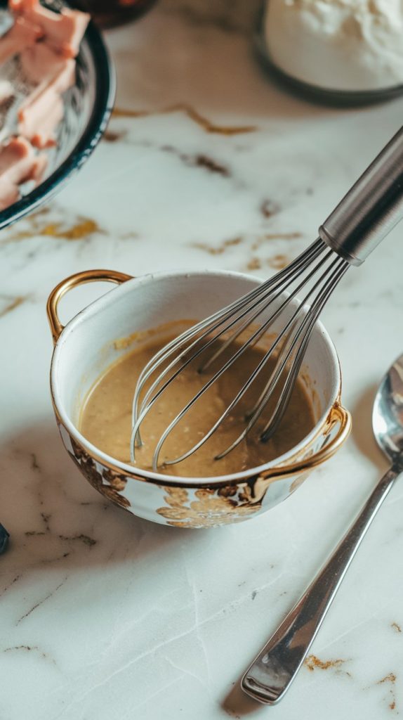 A small bowl with the gravy ingredients being whisked together