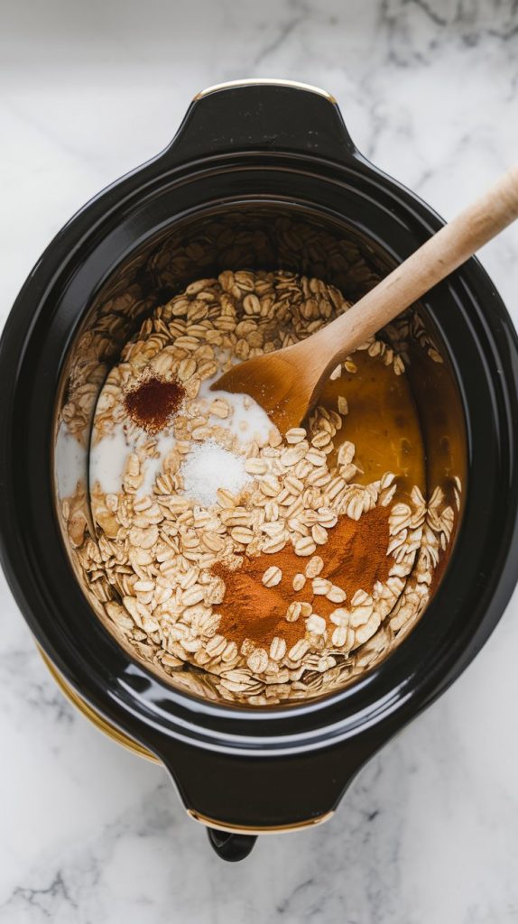 A small crockpot filled with rolled oats, pumpkin puree, milk, water, maple syrup, vanilla