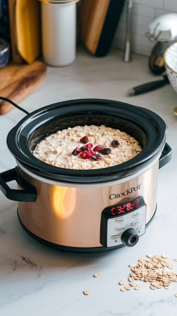 A small crockpot covered and set to the low setting with a warm glow on the display