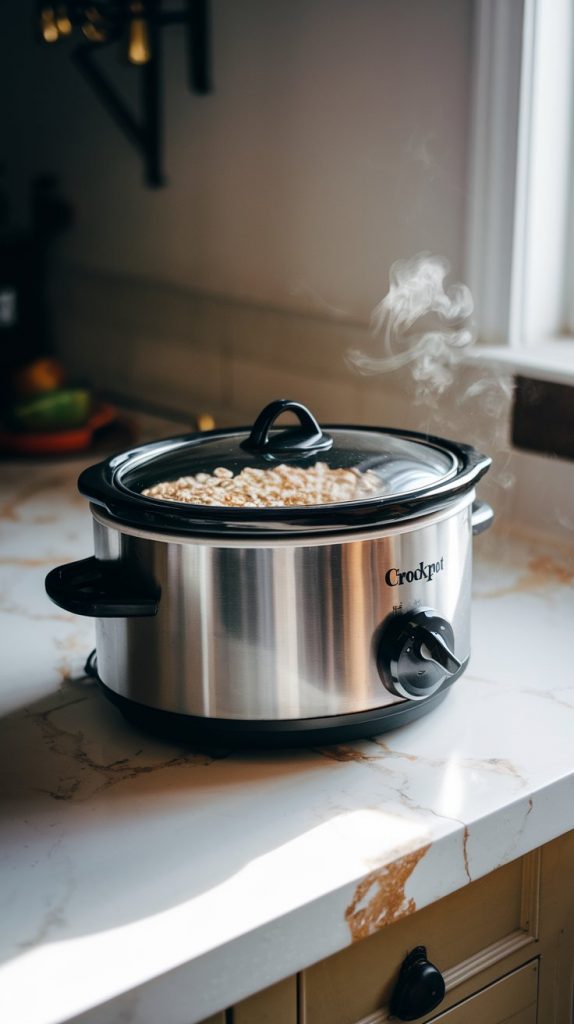 A small crockpot with a lid on, sitting on a countertop as the oatmeal cooks