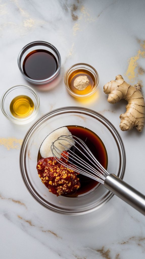 Small glass bowl with soy sauce, brown sugar, rice vinegar, honey, sesame oil, minced garlic, grated ginger, and gochujang