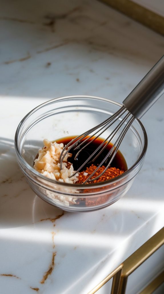 a small glass mixing bowl filled with soy sauce, brown sugar, sesame oil